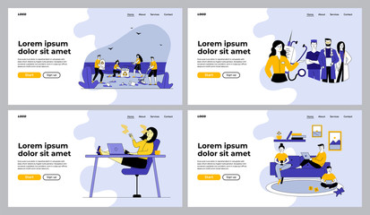 Obraz na płótnie Canvas Lifestyle and healthcare set. People collecting garbage, smoking at work, medical team. Flat vector illustrations. Voluntary, unhealthy habits concept for banner, website design or landing web page