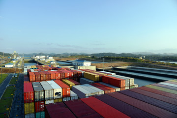 Large container ship inside Cocoli Locks during transit through Panama Canal, on her international...