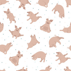 Pig yoga poses and exercises. Cute cartoon seamless pattern