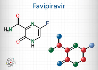 Favipiravir, C5H4FN3O2 molecule. It is antiviral medication, has activity against RNA viruses, avian influenza, Ebola virus, Lassa virus, COVID-19. Sheet of paper in a cage