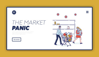 Concept Of Coronavirus Panic Shopping. Website Landing Page. Man And Woman Buy Lots Of Food Supply And Toilet Paper In The Supermarket. Web Page Cartoon Linear Outline Flat Style. Vector Illustration