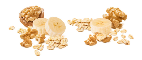 Sliced banana, walnut nuts and oat flakes set isolated on white background. Package design element with clipping path