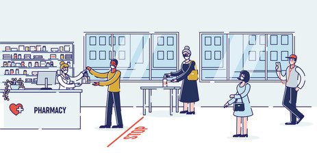 Concept Of Precautionary Measures During Quarantine. People Stand In A Queue In Pharmacy Wearing Protective Masks And Following The Distance. Cartoon Linear Outline Flat Style. Vector Illustration