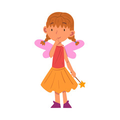 Girl Wearing Fairy Costume Standing with Magic Wand, Cute Kid Playing Dress Up Game Cartoon Vector Illustration