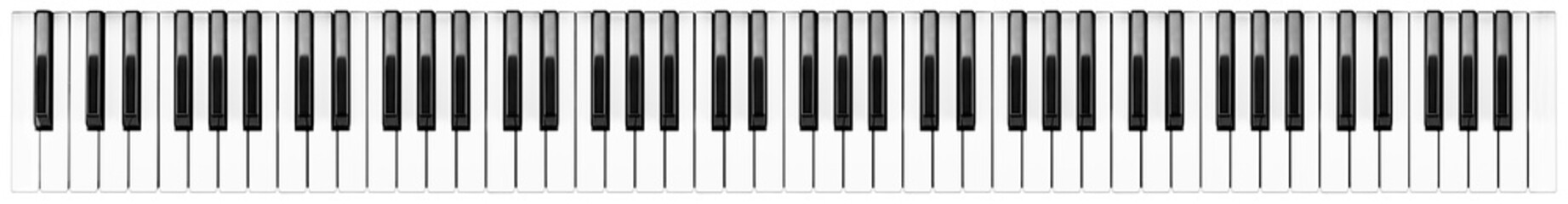 Full grand piano 88 black white keys keyboard layout isolated white wide panorama banner...