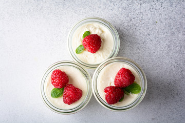 cheesecake in a glass decorated with raspberries and mint on a gray background
