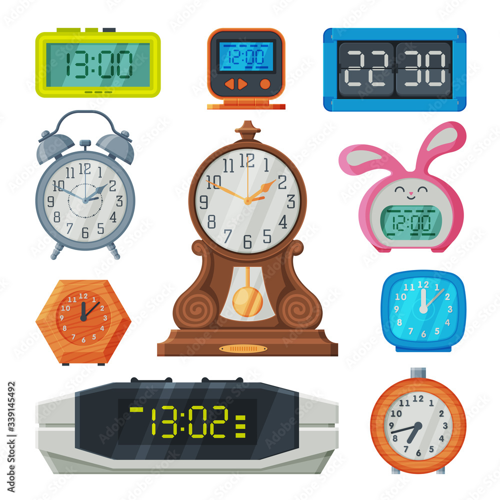 Poster digital and analogue table clocks collection, old fashioned and modern time measuring instruments ve