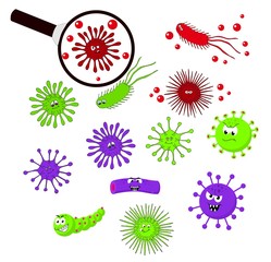 Bacteria and germs colorful set, different types, bacteria, viruses, microbes Vector cartoon illustration.