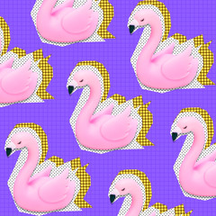 Pattern and collage of cutted plastic pink flamingos in memphis style on purple background