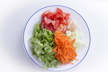 Lettuce, carrot, cucumber, tomato and onion salad