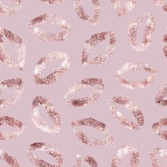 Beautiful background lipstick kisses rose gold. Seamless pattern glitter marble lips traces. Romantic Imprint lips for design wrapping paper, gift wrapper, wallpaper, prints. Sparkle texture glitterer