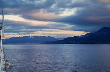 Sunrise or twilight over Beagle Channel in Patagonia between Argentina and Chile from cruiseship or...
