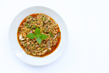 Spicy mince pork salad on white bakcground.