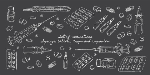 A set of medicines, drops and tablets. Medical supplies: a syringe and a thermometer. Freehand drawing in vector format.