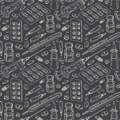 Pattern of medicines, drops and tablets. Medical supplies: a syringe and a thermometer. Freehand drawing in vector format.