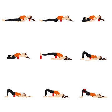 Lying asanas set with blocks/ Stylized woman practicing supported bridge and fish pose modifications with props