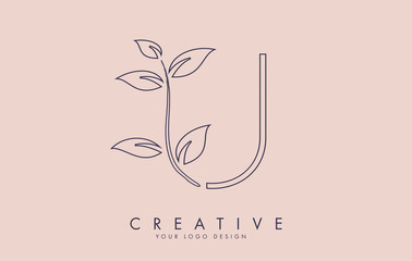 Outline Leaf Letter U Logo Design with Leaves on a Branch and Pink Background. Letter U with nature concept. © ankreative