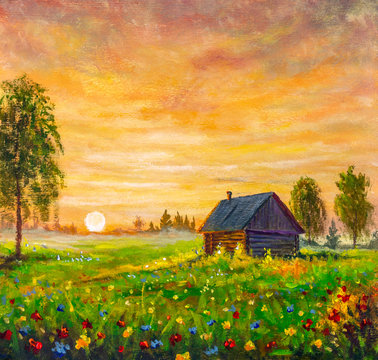 Original oil painting old rural farmhouse village house in flowers field on sunset on canvas. Impasto artwork. Impressionism art. Russian landscape background