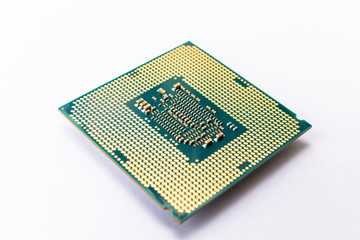 Modern CPU processor chip isolated on white background. Select focus