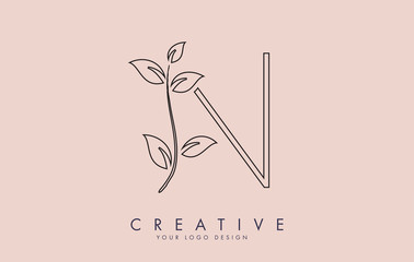 Outline Leaf Letter N Logo Design with Leaves on a Branch and Pink Background. Letter N with nature concept.