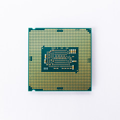 Modern CPU processor chip isolated on white background. Select focus