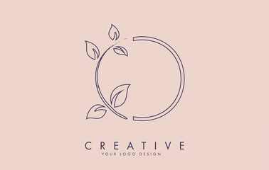 Outline Leaf Letter O Logo Design with Leaves on a Branch and Pink Background. Letter O with nature concept.