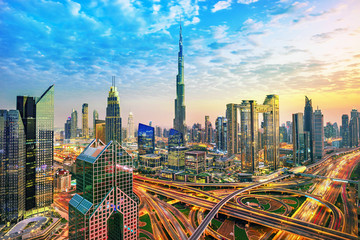 Fototapeta premium Dubai city amazing skyline, city center top view, United Arab Emirates 