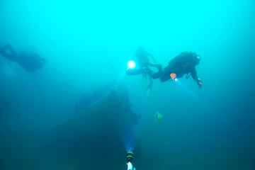 shipwreck diving landscape under water, old ship at the bottom, treasure hunt