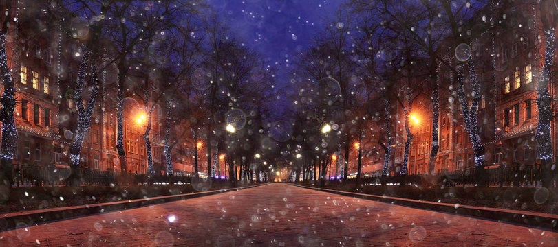 Fototapeta background blur city evening snow