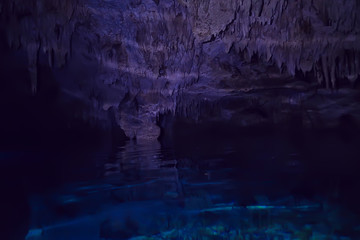 underwater cave stalactites landscape, cave diving, yucatan mexico, view in cenote under water