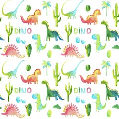 Watercolor childish seamless pattern with dinosaurs and plants.