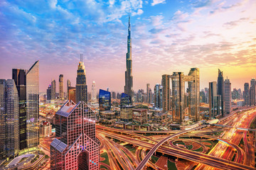 Dubai city amazing skyline, city center top view, United Arab Emirates
