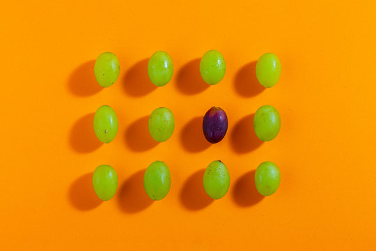 Set of fresh grapes isolated on orange background, top view, concept photo.