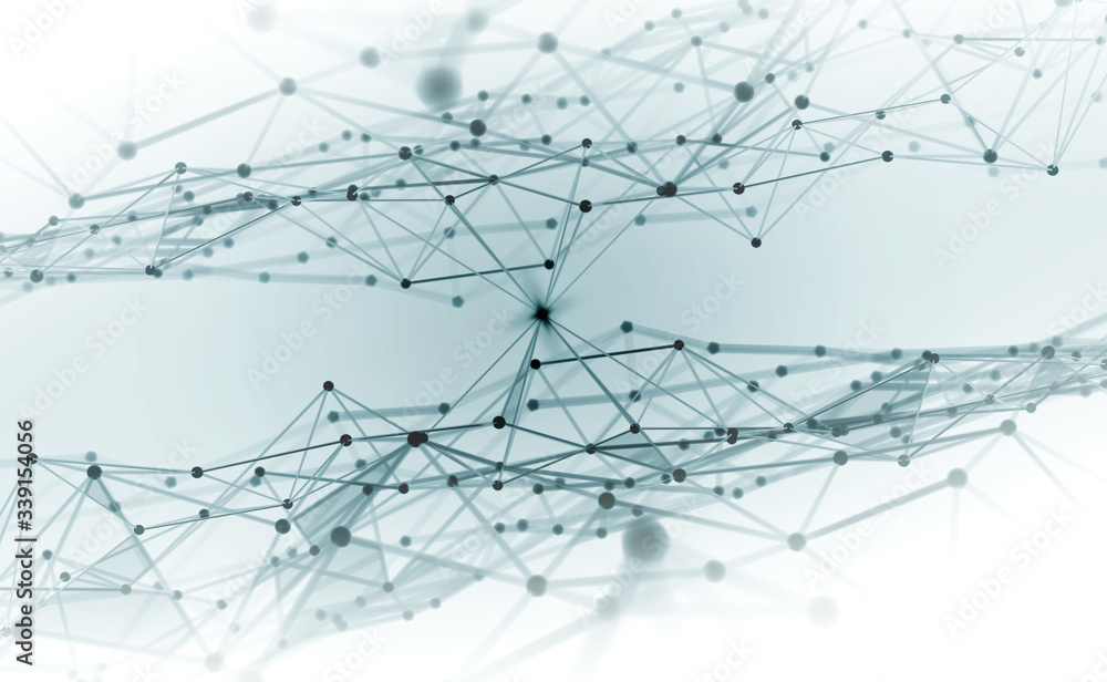 Aufkleber Big data, cryptography programming 3D illustration. Neural network, cloud technologies. Global database, artificial intelligence. Bright, black and white background with bokeh effect