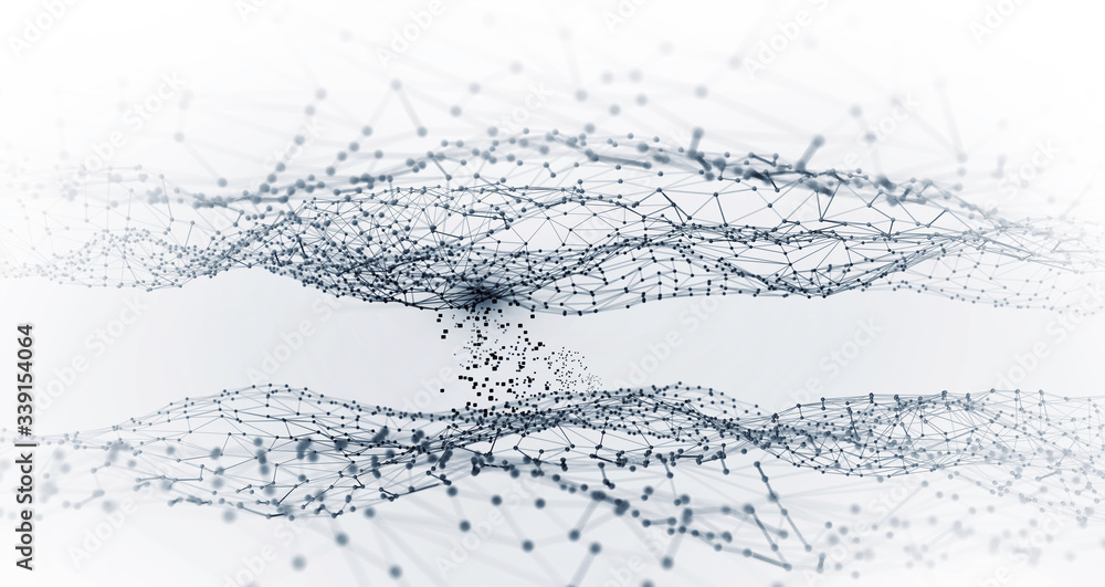 Aufkleber Big data, cryptography programming 3D illustration. Neural network, cloud technologies. Global database, artificial intelligence. Bright, black and white background with bokeh effect