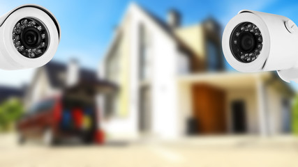 Home security system. House under CCTV cameras surveillance