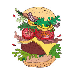 illustration with a cartoon big juicy hamburger with cheese, cutlet, salad, tomatoes on a white background