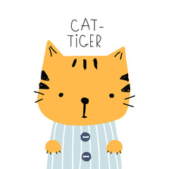 Funny little cat  and quote. Childish print. Vector hand drawn illustration.