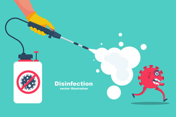 Landing page coronavirus protection. Disinfectant concept. Cleaning and disinfecting. Atomizer and sprayer. Man in gloves hold bottle of antiseptic spray. Antibacterial flask. Vector flat design.