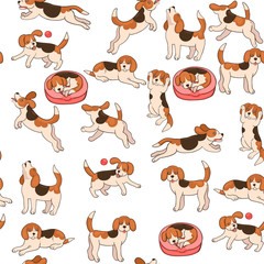 Beagle dog in different poses seamless pattern. Vector graphics.