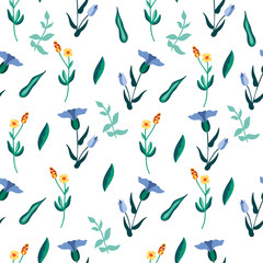 Fototapeta premium Seamless pattern with wild flowers and leaves. Flat beautiful background. Fashion print. Vector stock illustration