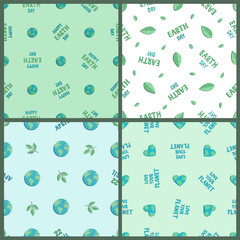 Earth day pattern vector set. International Mother Earth Day, April 22. Seamless ecology illustration with planet Earth, leaves, lettering,hearts. For wrapping paper, backgrounds, banners, fabric.