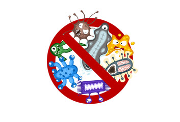 Stop spread virus sign. Cartoon germ characters isolated vector eps illustration on white background. Cute fly bacteria infection character. Microbe viruses and diseases protection