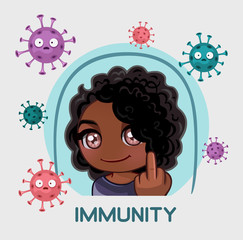Girl under protection of immunity shows middle finger Vector illustration