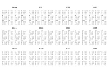 Twelve years calendar, 2020 to 2031