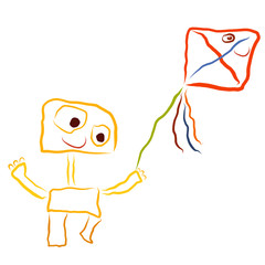 running funny kid with a happy kite, children's drawing with emotions