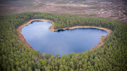 Aerial view over heart-shaped lake in the Parika bog nature reserve, Viljandi county, Estonia,...