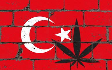 Graffiti street art spray drawing on stencil. Cannabis leaf on brick wall with flag Turkey