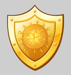 Golden shield with coronavirus icon. Vector illustration