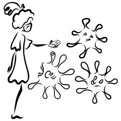 girl in a medical mask scares away germs with a bar of soap